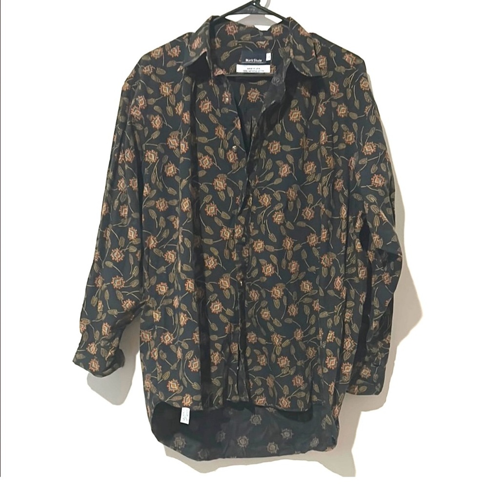 Mark Shale Men's Size L 100% Cotton Black and Brown Floral Button Down Shirt‎